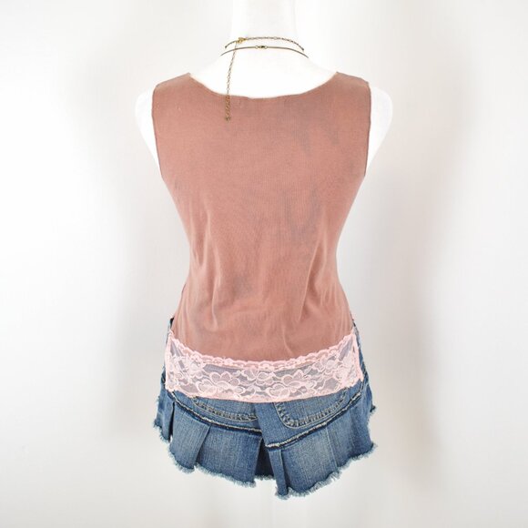 VTG 00s Y2K Alain Manoukian Tan Brown Floral Embellished Pink Lace Trim Tank Top - Picture 3 of 8